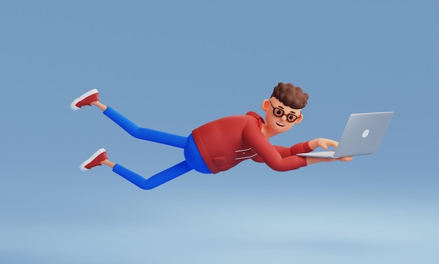 A cartoon character with a laptop in his hands runs trying to do everything The concept of success 3d illustration