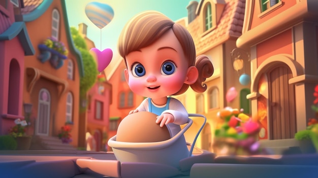 A cartoon character with a large blue eyes and a large pink ball on the front of her.