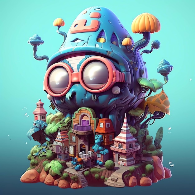 A cartoon character with a large house and a city on the bottom.