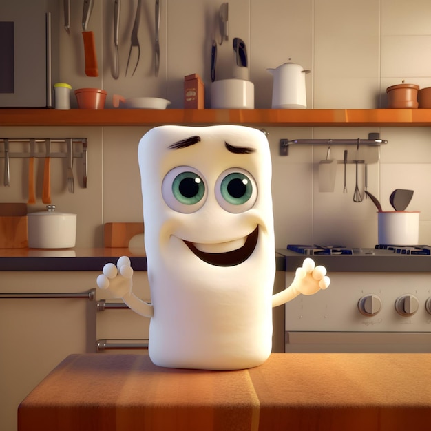 A cartoon character with a large smile and a large smile on his face stands on a kitchen counter.