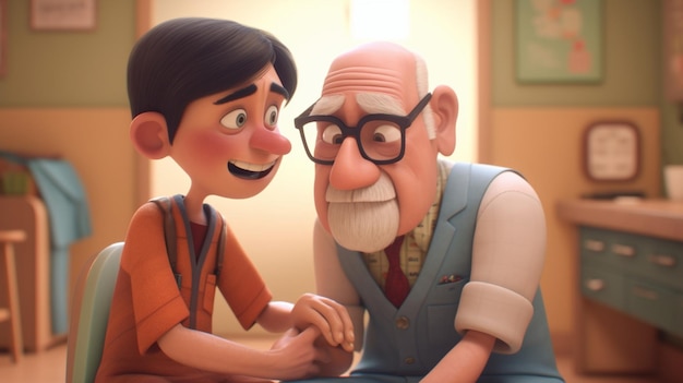 A cartoon character with a man's face and glasses is looking at a man's hands.