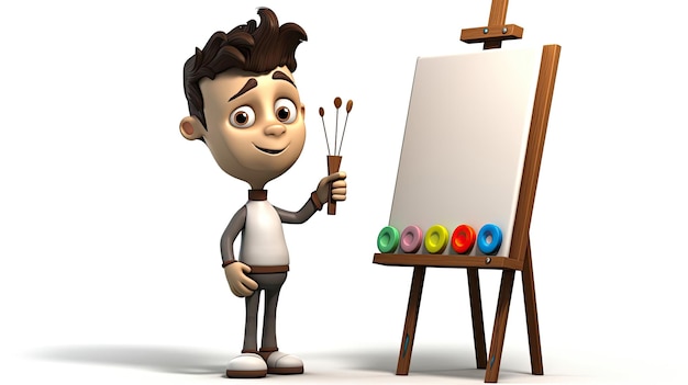 a cartoon character with a paint brush next to a board with a pencil.