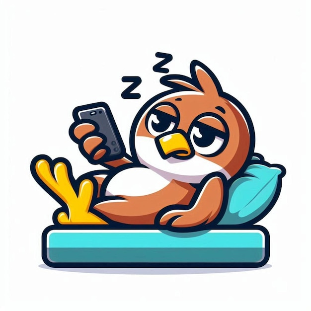 a cartoon character with a phone and a pillow with a sleeping fox on it