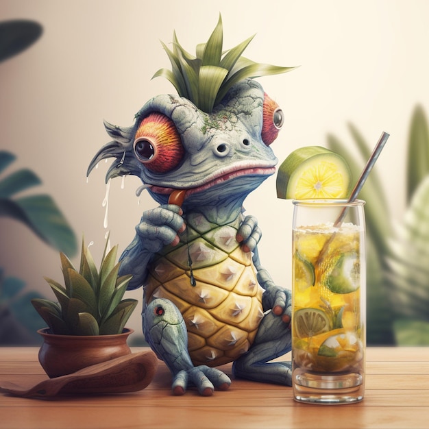 A cartoon character with a pineapple on his head sits next to a glass of cocktail.