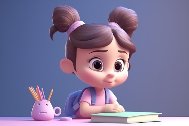 A cartoon character with a pink backpack sits at a desk with a book and pencils on it