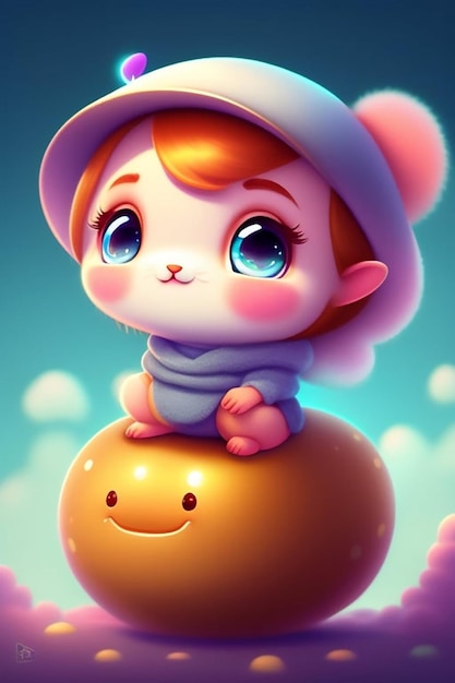 A cartoon character with a pink hat and blue eyes sits on top of a yellow ball.