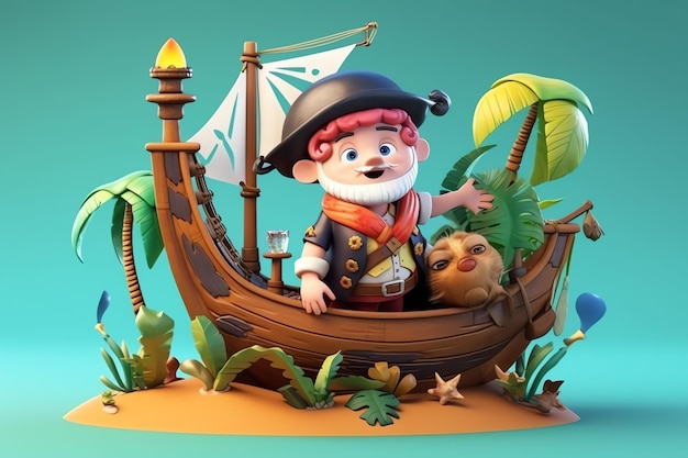 A cartoon character with a pirate on the boat