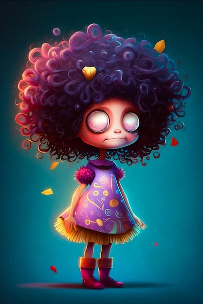 A cartoon character with a purple dress and purple hair