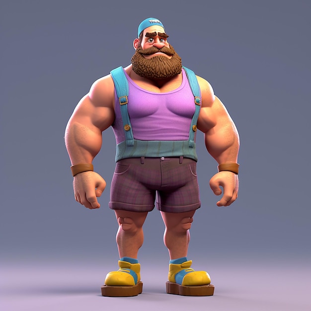 A cartoon character with a purple shirt and shorts