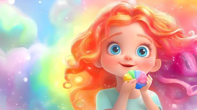 a cartoon character with red hair and a blue eyes holds a colorful candy