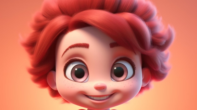 A cartoon character with red hair and red eyes smiles for the camera.