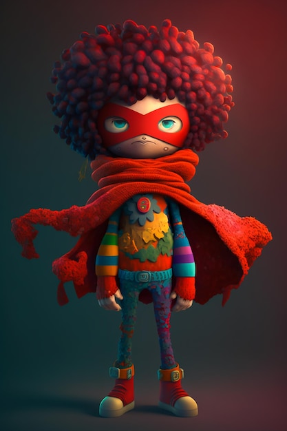 A cartoon character with a red wig and a rainbow wig.