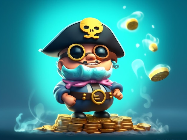 A cartoon character with a skull on his head stands on a pile of gold coins.