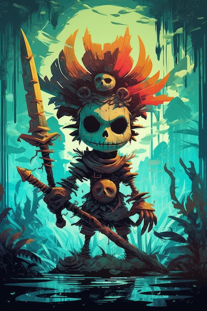 A cartoon character with a skull on his head and a sword in the background.