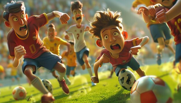 Photo a cartoon character with a soccer ball in his mouth is surrounded by other soccer players