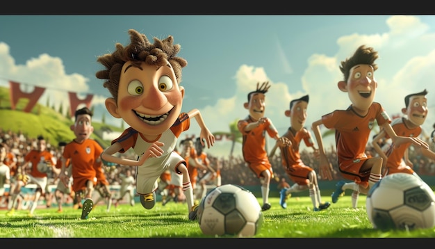 Photo a cartoon character with a soccer ball and other soccer players