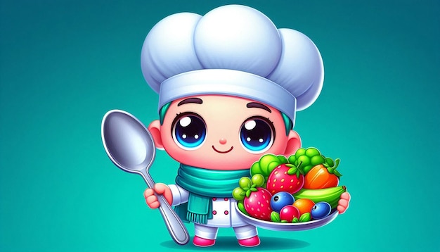 Photo a cartoon character with a spoon and a bowl of fruit