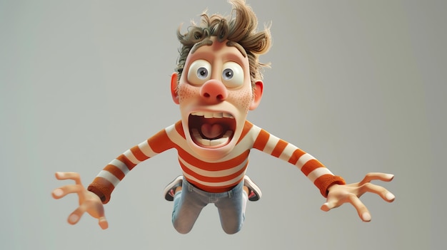 A cartoon character with a striped shirt and blue jeans falls through the air with a look of terror on his face