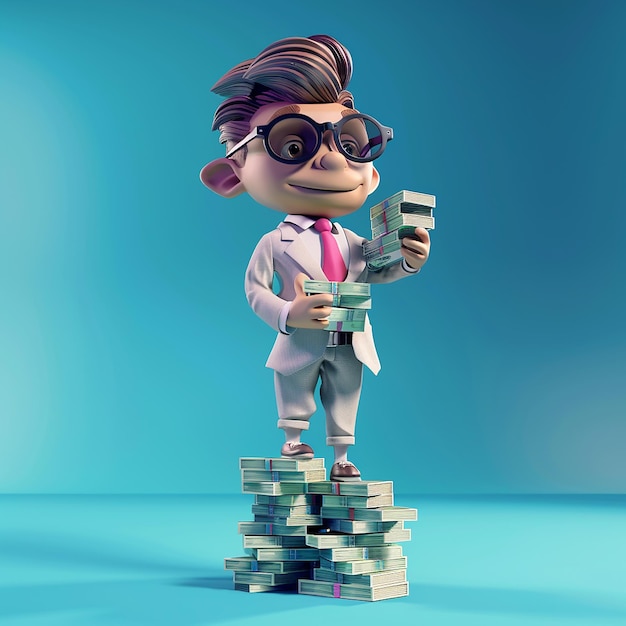 a cartoon character with a suit and tie holding a stack of money