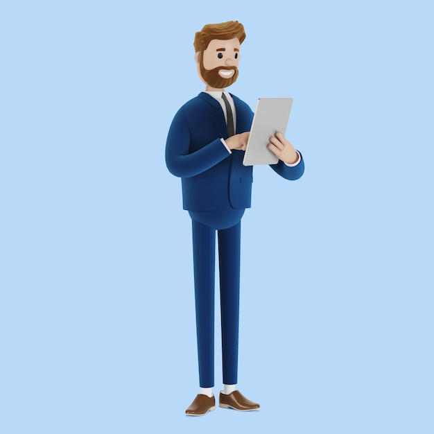 Cartoon character with a tablet in hands. 3d illustration.