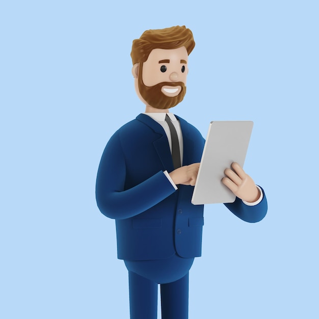 Cartoon character with a tablet in hands 3d illustration