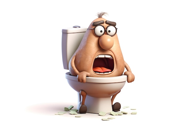 A cartoon character with a toilet bowl and a big mouth is sitting on a white background