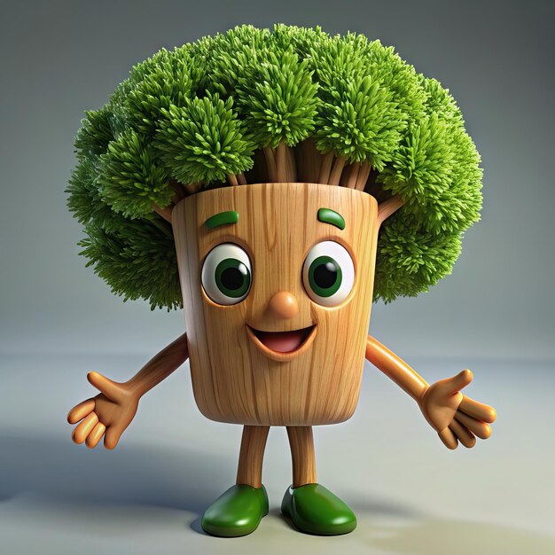 Photo a cartoon character with a tree on his head and a potted plant on the left