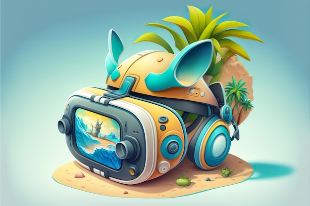 A cartoon character with a tv head wearing a headphones with a palm tree on it.