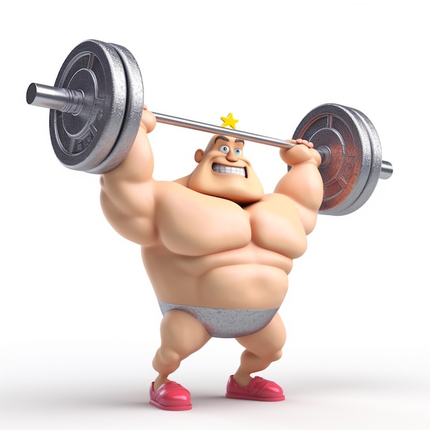 A cartoon character with a weight on his head is holding a barbell