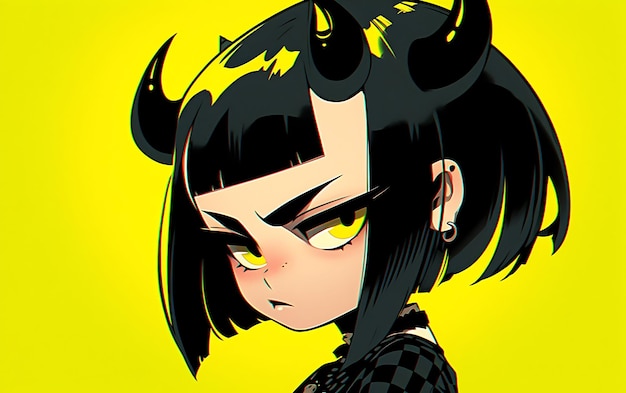 a cartoon character with yellow eyes and black hair is painted in a yellow background