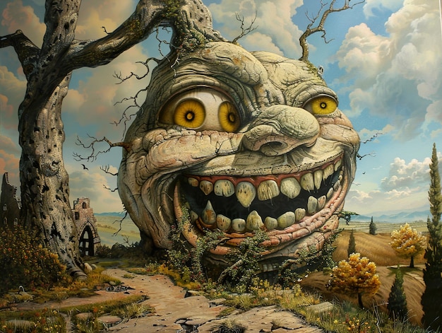 a cartoon character with yellow eyes and a tree with a big smile