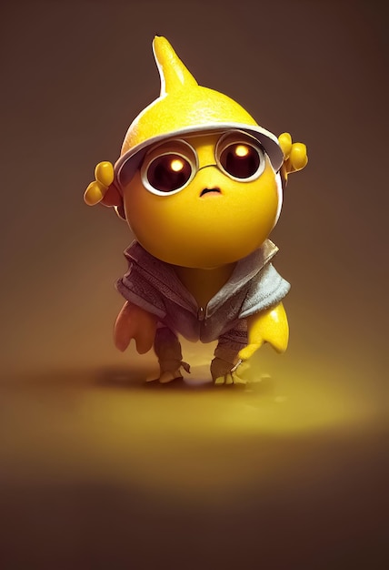 A cartoon character with a yellow helmet and glasses that say's a chicken