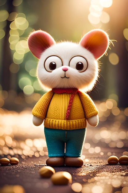 A cartoon character with a yellow sweater and blue eyes stands on a stone surface.