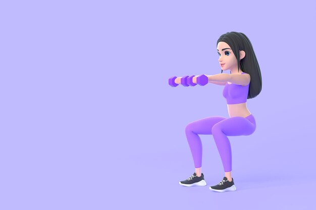 Cartoon character woman in sportswear doing exercises with dumbbells on purple background 3D render