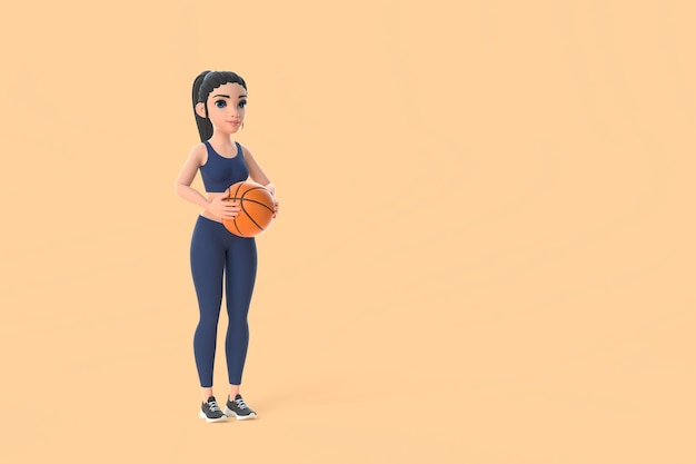 Cartoon character woman in sportswear holding basketball ball on beige background 3D render