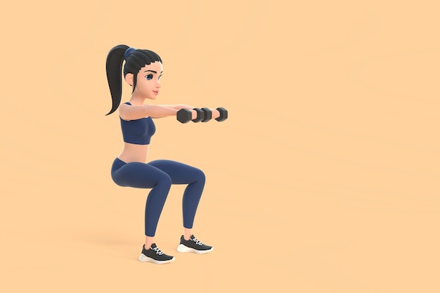 Cartoon character woman in sportswear with dumbbells on beige background 3D render illustration