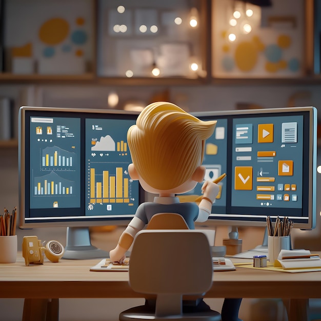 Photo cartoon character working at a computer