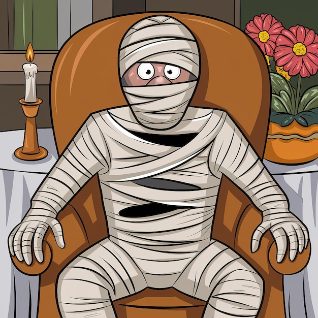 Cartoon Character Wrapped as a Mummy Sitting in an Armchair