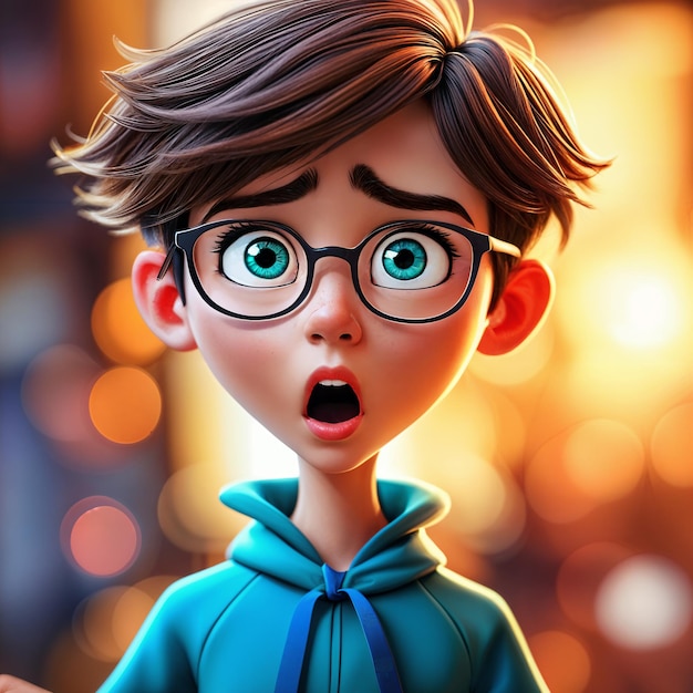 Cartoon character a young boy with brown hair and glasses wearing a blue hoodie He appears surprised or shocked as indicated by his wide eyes and open mouth