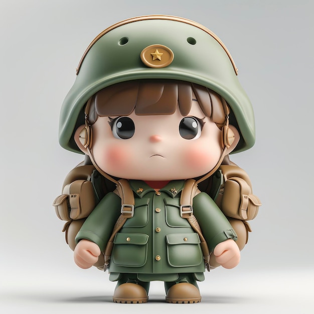 Cartoon Character Of A Young Woman In Military Uniform Equipped With A Backpack