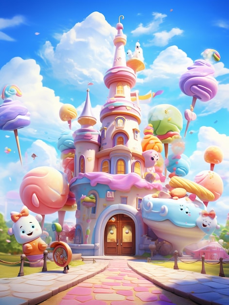 Cartoon characters are standing in front of a castle with candy land generative ai