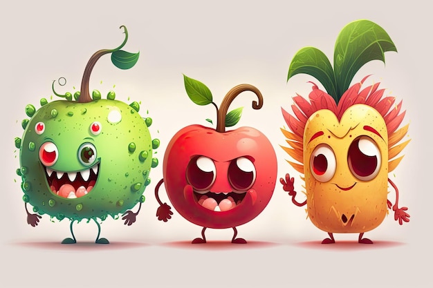 Cartoon characters of fruit happy and smile cute fruit monsters white background vector illustration Made by AIArtificial intelligence