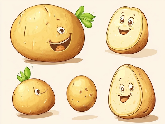 Photo cartoon characters of a potato with a smile and a smile