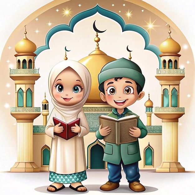 Photo cartoon characters of two muslim boys