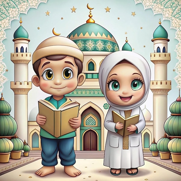 Photo cartoon characters of two muslim boys