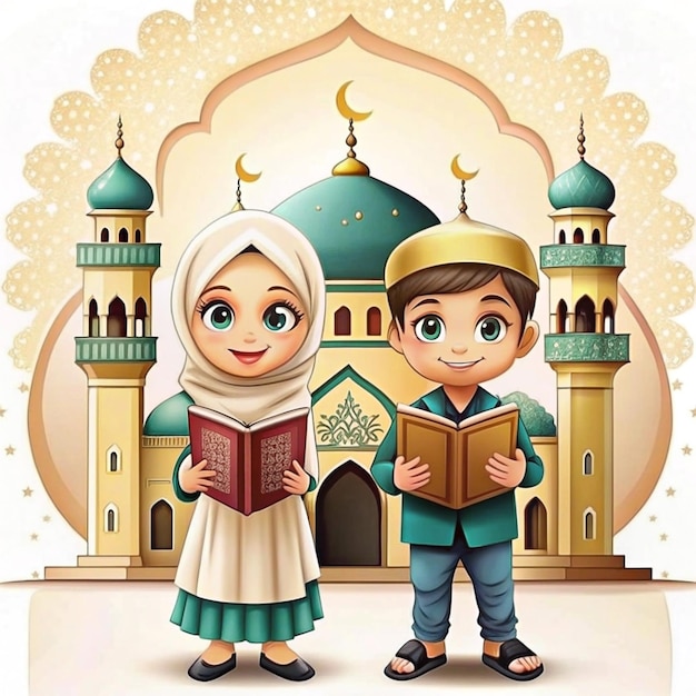 Photo cartoon characters of two muslim boys