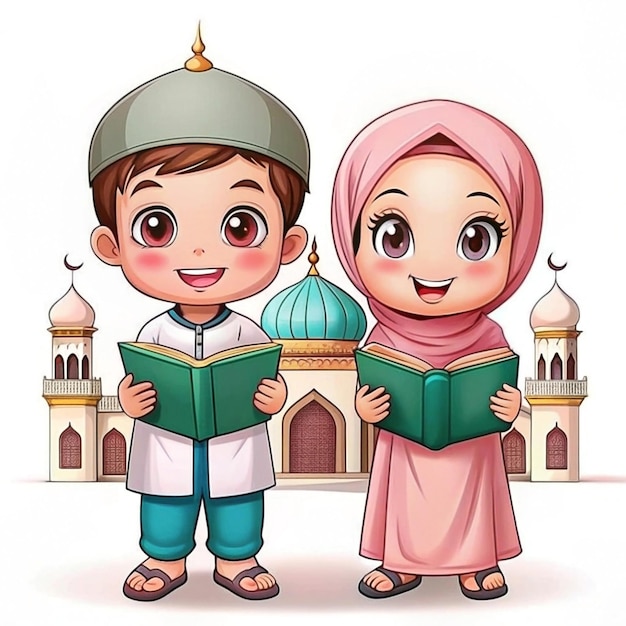 Photo cartoon characters of two muslim boys