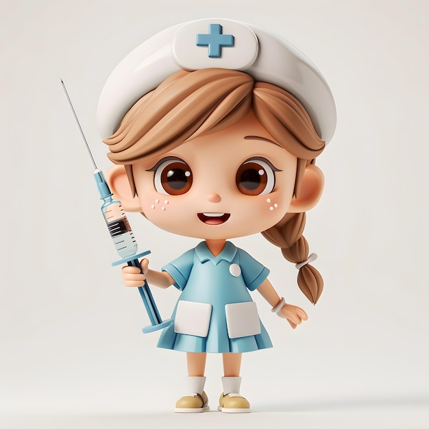 Photo cartoon cheerful nurse in special clothes with a syringe in her hands funny cute 3d illustration