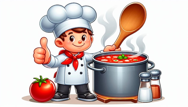 a cartoon chef cook with a pot of soup and a pot of soup