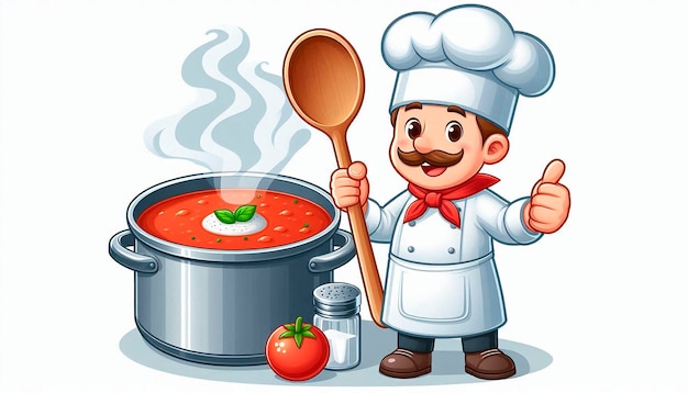 Photo a cartoon chef cook with a pot of soup and a pot of tomato